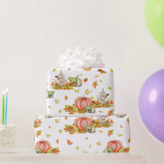 Niedliche Maus, Kürbis und farbenfrohe Muster Geschenkpapier (Partygeschenke)