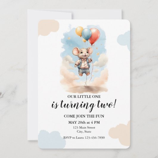 Niedliche Maus mit Balloons Geburtstagsparty Einladung (Vorderseite)