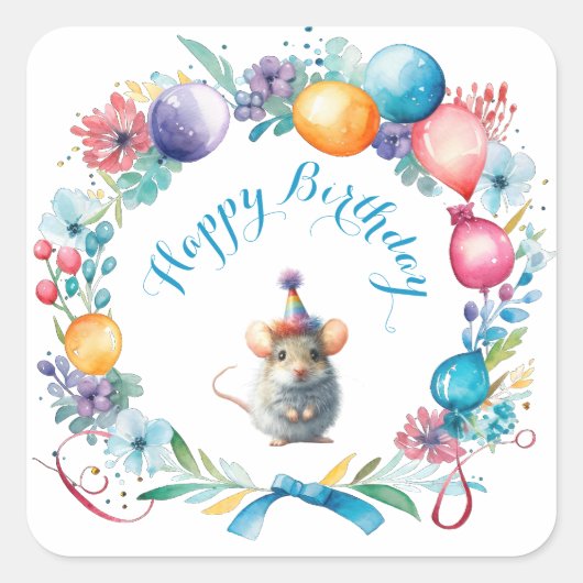 Niedliche Maus mit einem Party-Hutsticker Quadratischer Aufkleber (Vorderseite)