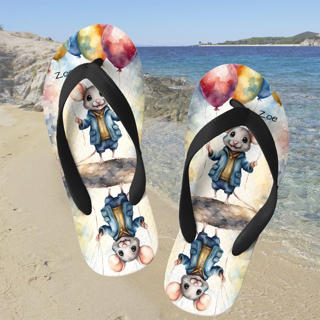Niedliche Maus mit farbigen Ballons, personalisier Kinderbadesandalen (Von Creator hochgeladen)
