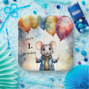 Niedliche Maus mit farbigen Ballons, personalisier Pappteller