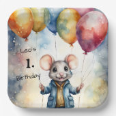 Niedliche Maus mit farbigen Ballons, personalisier Pappteller (Vorderseite)