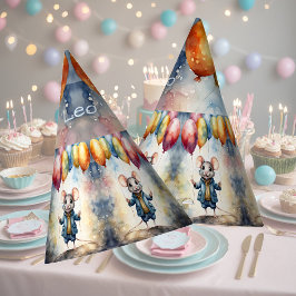 Niedliche Maus mit farbigen Ballons, personalisier Partyhütchen