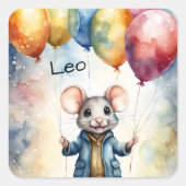 Niedliche Maus mit farbigen Ballons, personalisier Quadratischer Aufkleber (Vorderseite)