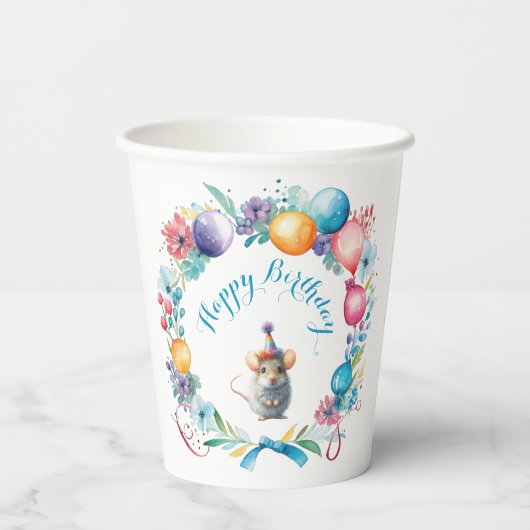 Niedliche Maus mit Party-Hut Pappbecher (Rückseite)