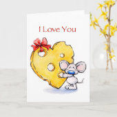 Niedliche Maus mit riesigem Herzkäse , Liebe Sie Karte (Gelbe Blume)