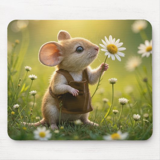 Niedliche Maus mit weißer Daisy Mousepad (Vorne)