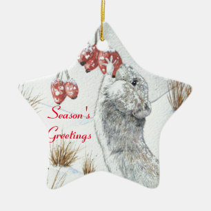 Niedliche Mäuse und rote Beeren - Schneefälle Keramikornament