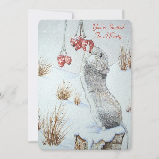 Niedliche Mäuse und Rote Beeren - Schneeschauer Einladung (Vorderseite)