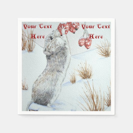 Niedliche Mäuse und rote Beeren - Schneeszene Serviette (Vorderseite)