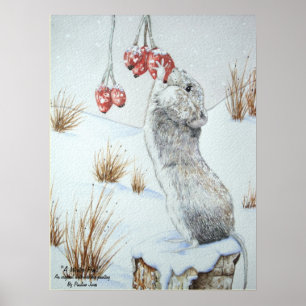 Niedliche Mäuse und rote Beeren Schneeszene Wildku Poster