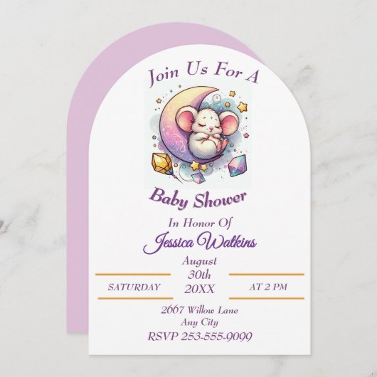 Niedliche Mauseschlafen auf einer Half-Mond-Babydu Einladung (Vorne/Hinten)