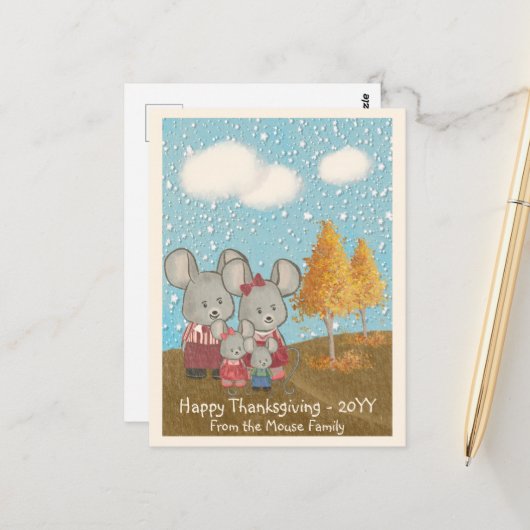 Niedliche Mausfamilie im Park Happy Thanksgiving Postkarte (Vorderseite/Rückseite Beispiel)