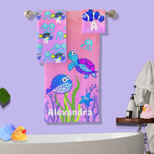 Niedliche Meeresschildkröte Blaue Wasserfarbe Kind Badhandtuch Set