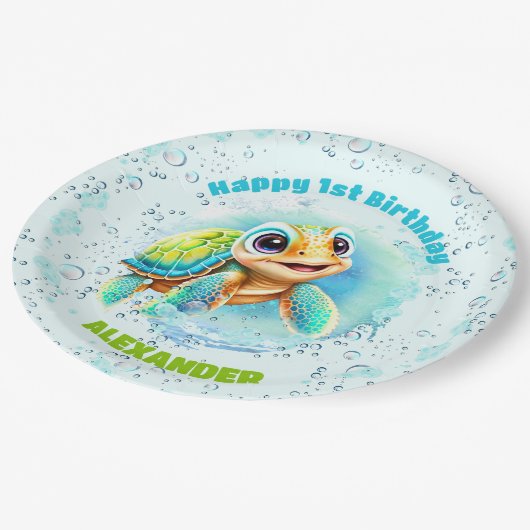 Niedliche Meeresschildkröte für den ersten Geburts Pappteller (Schrägansicht)