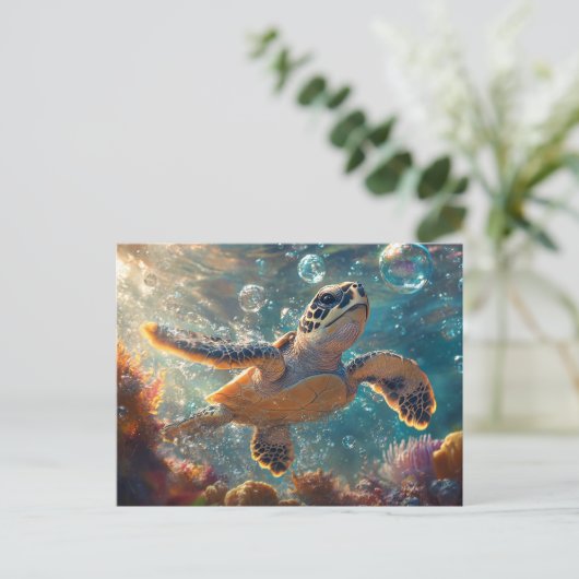 Niedliche Meeresschildkröte mit Blasen Postkarte (Stehend Vorderseite)