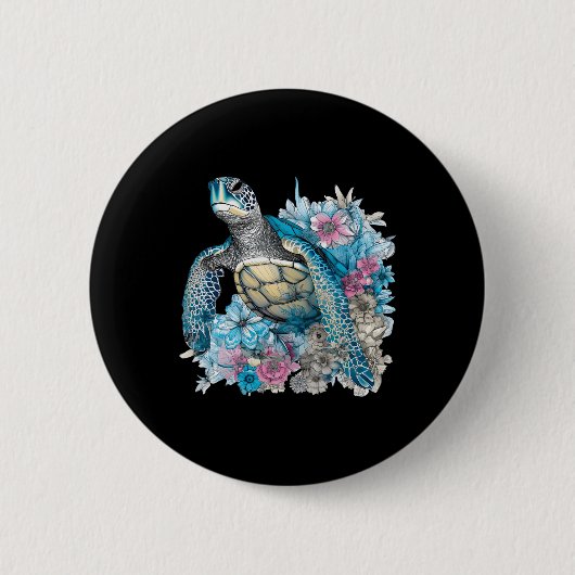 Niedliche Meeresschildkröten-Wildblumen Button (Vorderseite)
