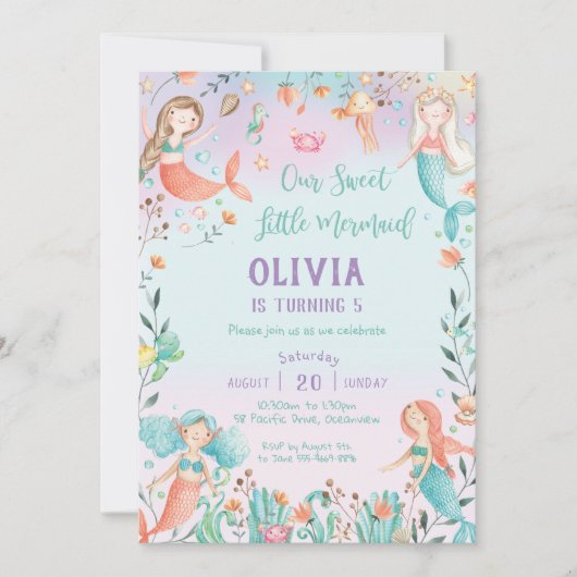 Niedliche Meerjungfrau Birthday Regenbogen unter d Einladung (Vorderseite)