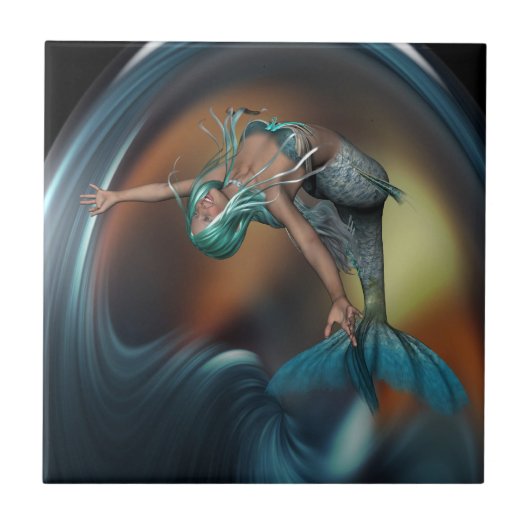 Niedliche Meerjungfrau fröhlich schwimmen Fliese (Vorderseite)