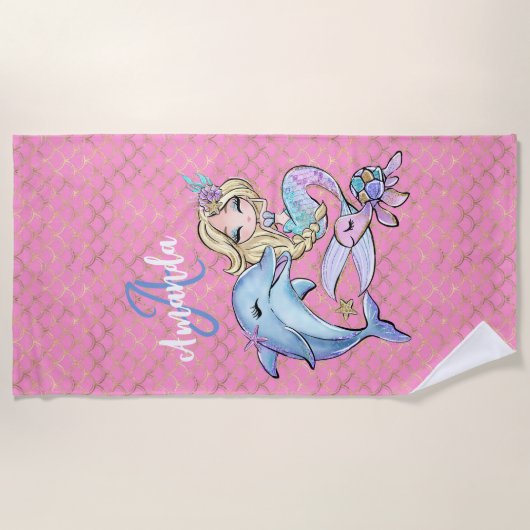 Niedliche Meerjungfrau in Rosa Strandtuch (Vorderseite)