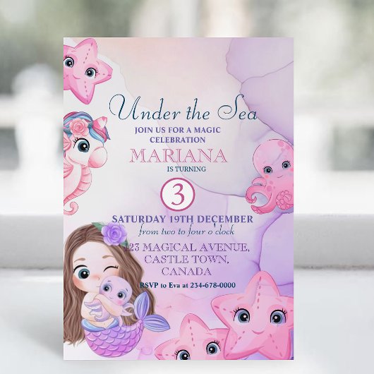 Niedliche Meerjungfrau Lila Wasserfarbe 3. Geburts Einladung
