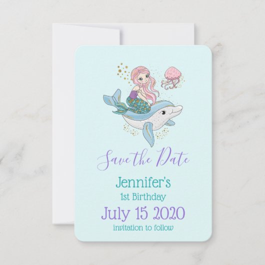 Niedliche Meerjungfrau Rafting a Dolphin Geburtsta Save The Date (Vorderseite)