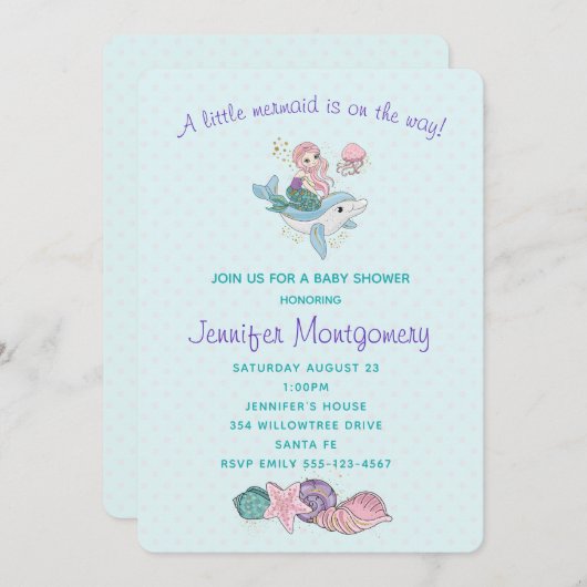 Niedliche Meerjungfrau Reiten auf einem Dolphin Einladung (Vorne/Hinten)