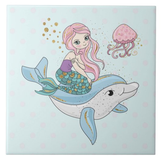 Niedliche Meerjungfrau Reiten auf einem Dolphin Fliese (Vorderseite)