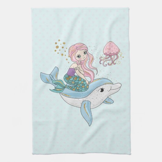 Niedliche Meerjungfrau Reiten auf einem Dolphin Geschirrtuch (Vertikal)