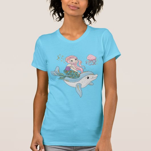 Niedliche Meerjungfrau Reiten auf einem Dolphin T-Shirt (Vorderseite)