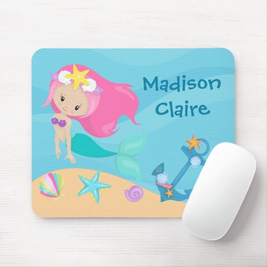 Niedliche Meerjungfrau Strandmädchen Rosa Haar Cus Mousepad (Mit Mouse)