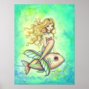 Niedliche Meerjungfrau und Fisch Fantasy Art Maler Poster