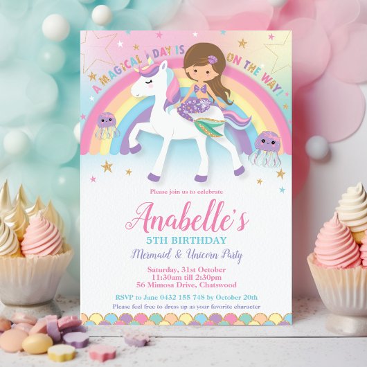 Niedliche Meerjungfrau und Unicorn Rainbow Birthda Einladung