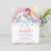 Niedliche Meerjungfrau und Unicorn Rainbow Birthda Einladung (Stehend Vorderseite)