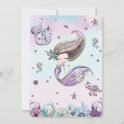 Niedliche Meerjungfrau unter dem Meer Narwhal Lila Einladung (Rückseite)