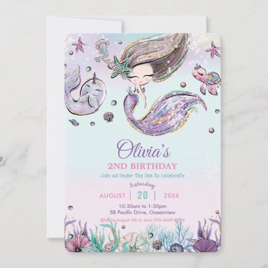 Niedliche Meerjungfrau unter dem Meer Narwhal Lila Einladung (Vorderseite)