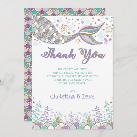 Niedliche Meerjungfrau unter dem Party Babydusche Dankeskarte (Vorne/Hinten)