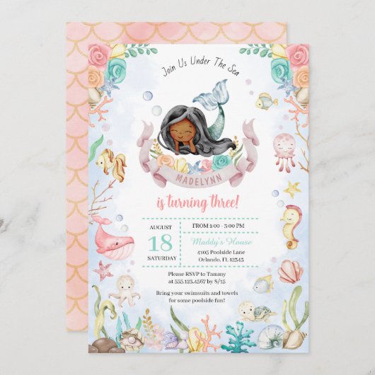 Niedliche Meerjungfrau unter dem Sea Pool Party Ge Einladung (Vorne/Hinten)
