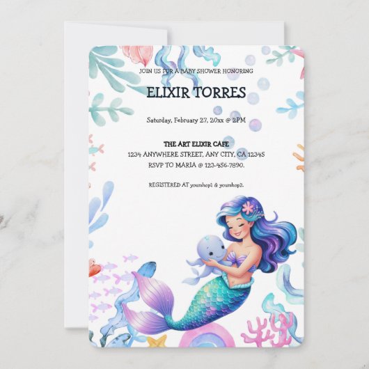 Niedliche Meerjungfrau Unterwasserfarbe Babydusche Einladung (Vorderseite)