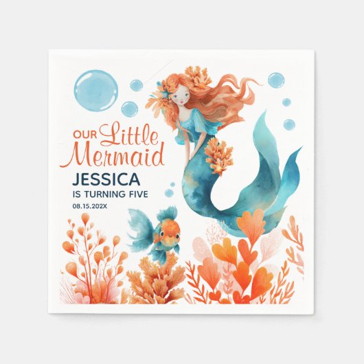 Niedliche Meerjungfrau Wasserfarbe Mädchen Geburts Serviette (Vorderseite)