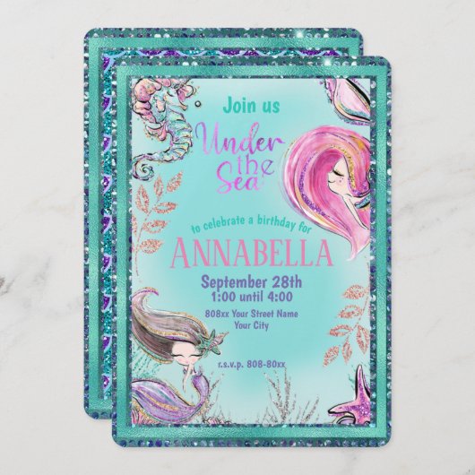 Niedliche Meerjungfrauen unter dem Party Aquamarin Einladung (Vorne/Hinten)