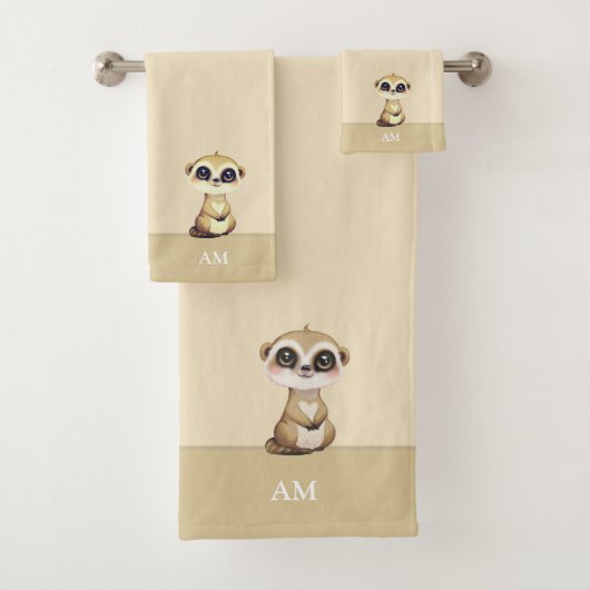 Niedliche Meerkat & Monogram auf Sand Beige Badhandtuch Set (Insitu)