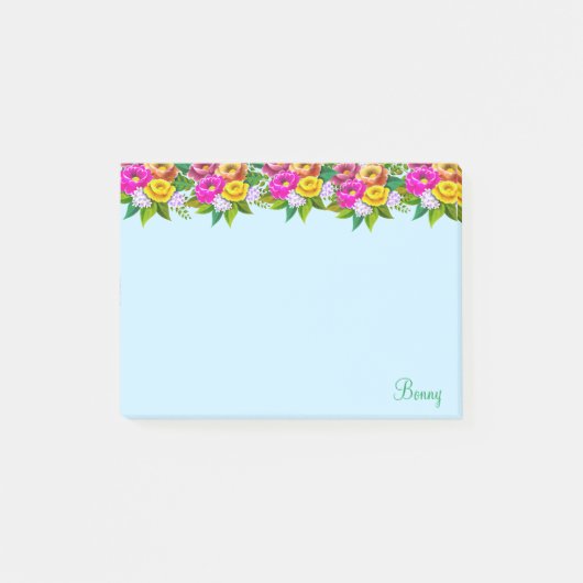 Niedliche mehrfarbige Blume auf hellblau Post-it Klebezettel (Vorderseite)