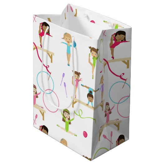 Niedliche mehrfarbige Gymnastik Kindermuster Mittlere Geschenktüte (Rückseite Schrägansicht)