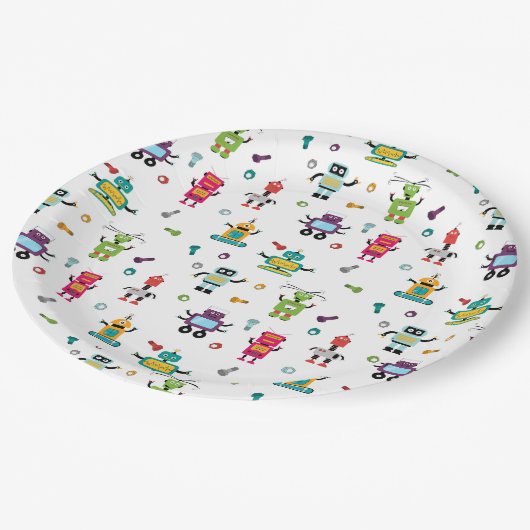 Niedliche mehrfarbige Roboter Kids Robot Geburtsta Pappteller (Schrägansicht)