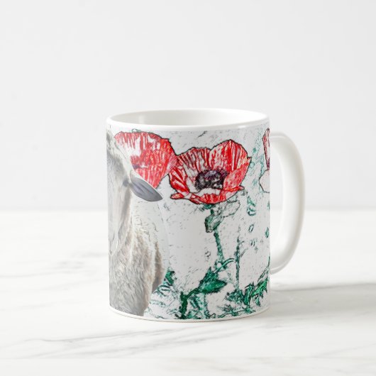 Niedliche Merino Sheep Animal Red Poppy Blume Kaffeetasse (VorderseiteRechts)