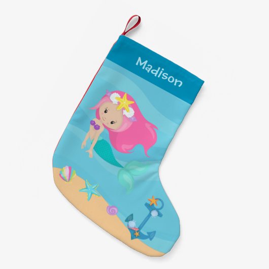 Niedliche Mermaid Beach House Kids Kleiner Weihnachtsstrumpf (Vorderansicht (hängend))
