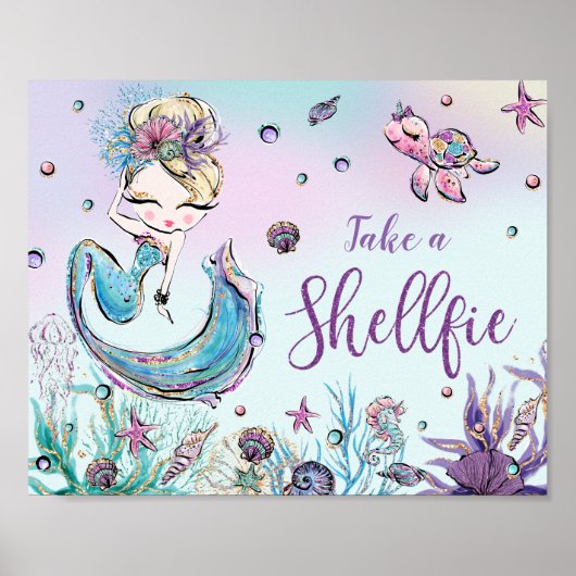 Niedliche Mermaid Birthday Baby Dusche Shellfie ne Poster (Vorne)