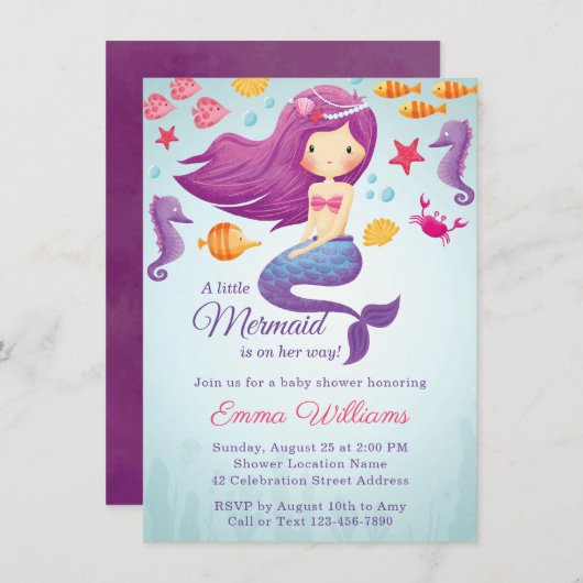 Niedliche Mermaid Girl Baby Dusche Einladung - Lil (Vorne/Hinten)