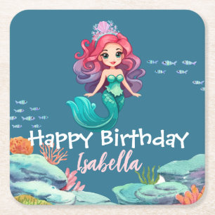 Niedliche Mermaid Rainbow farbige Krone Geburtstag Rechteckiger Pappuntersetzer